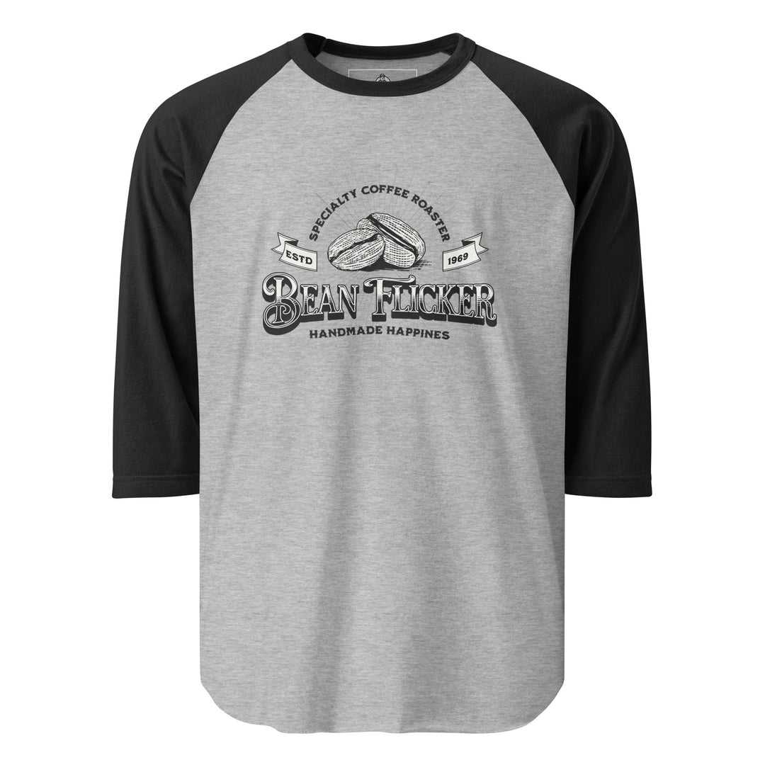 Bean Flicker — a vintage Bean Flicker Specialty Coffee Roaster logo with coffee beans, reading Handmade Happiness Est 1969, printed on a 3/4 sleeve raglan shirt.