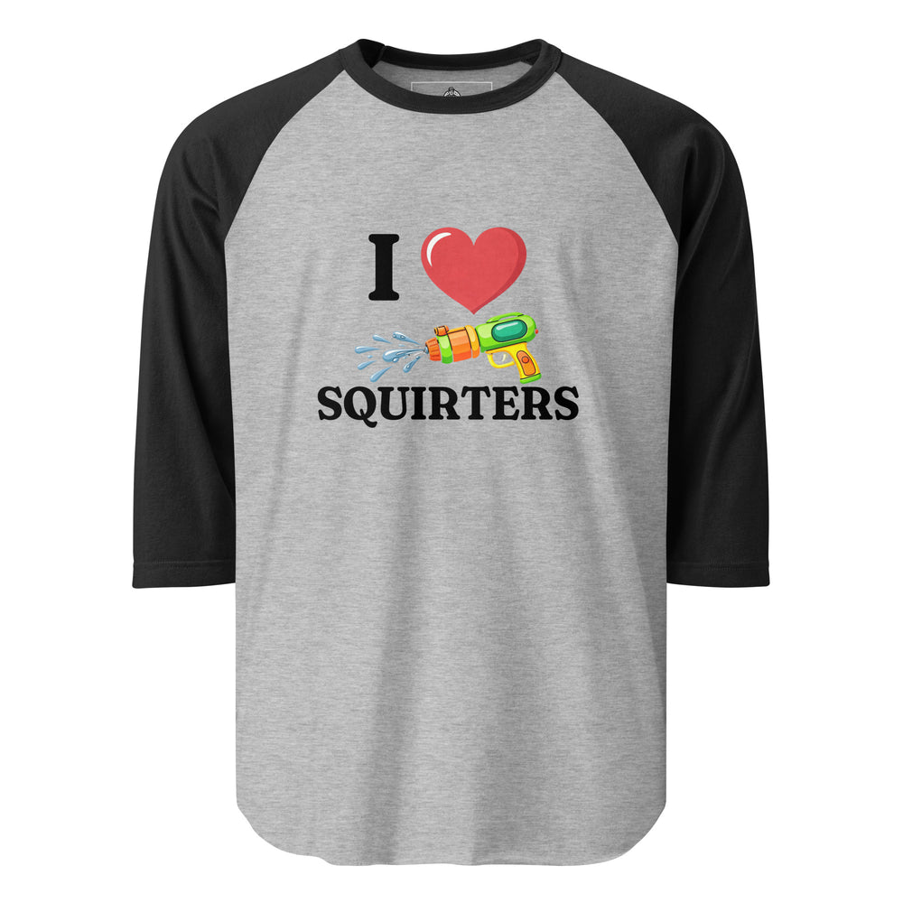 I Heart Squirters — an I Heart Squirters design with a colorful squirt gun, printed on a 3/4 sleeve raglan shirt.