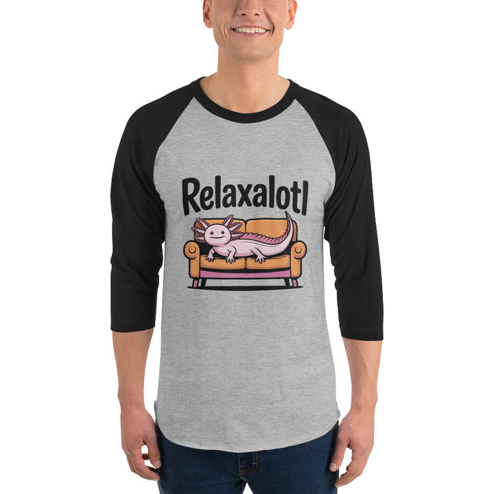 Relaxalotl — a pink axolotl lounging on a couch, captioned Relaxalotl, printed on a 3/4 sleeve raglan shirt.