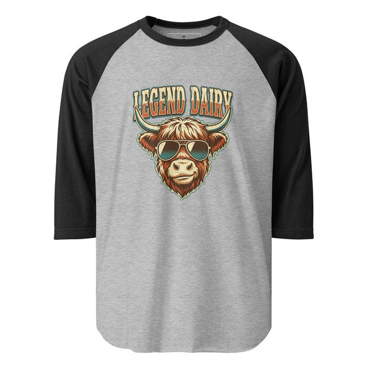 Legend Dairy — a Highland cow wearing sunglasses in a retro badge, captioned Legend Dairy, printed on a 3/4 sleeve raglan shirt.