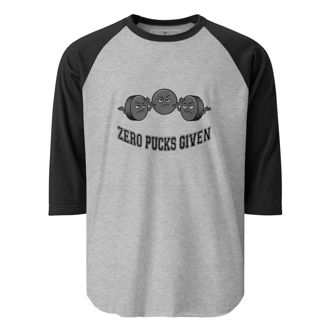 Zero Pucks Given — a Zero Pucks Given hockey design with a puck, printed on a 3/4 sleeve raglan shirt.