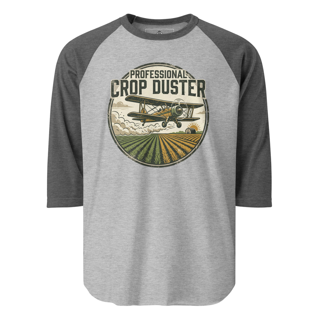 Professional Crop Duster funny graphic tee — vintage badge with biplane dusting crops over farm fields at sunrise