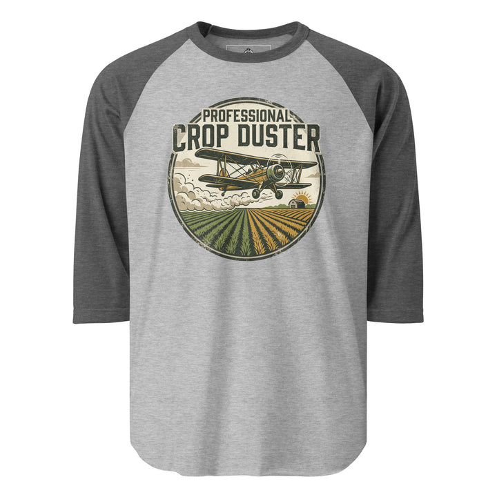 Professional Crop Duster funny graphic tee — vintage badge with biplane dusting crops over farm fields at sunrise