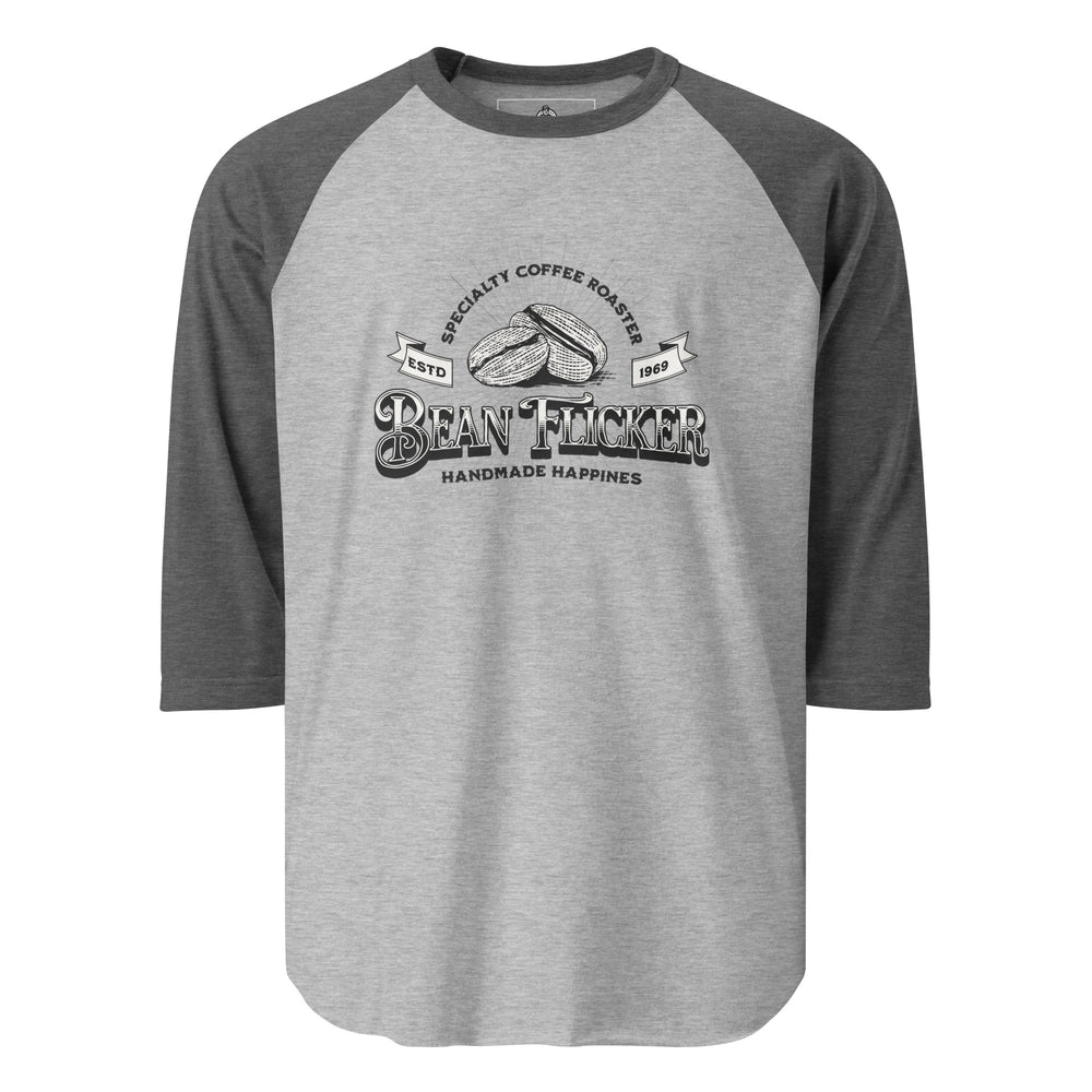 Bean Flicker — a vintage Bean Flicker Specialty Coffee Roaster logo with coffee beans, reading Handmade Happiness Est 1969, printed on a 3/4 sleeve raglan shirt.
