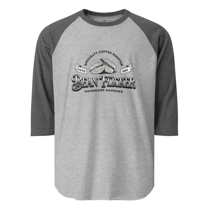 Bean Flicker — a vintage Bean Flicker Specialty Coffee Roaster logo with coffee beans, reading Handmade Happiness Est 1969, printed on a 3/4 sleeve raglan shirt.