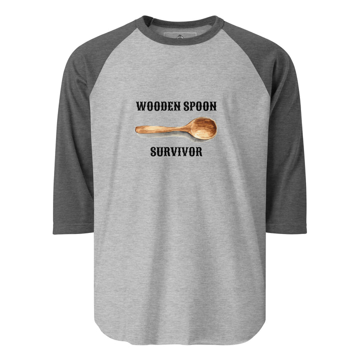 Wooden Spoon Survivor — a lone wooden spoon, captioned Wooden Spoon Survivor, printed on a 3/4 sleeve raglan shirt.
