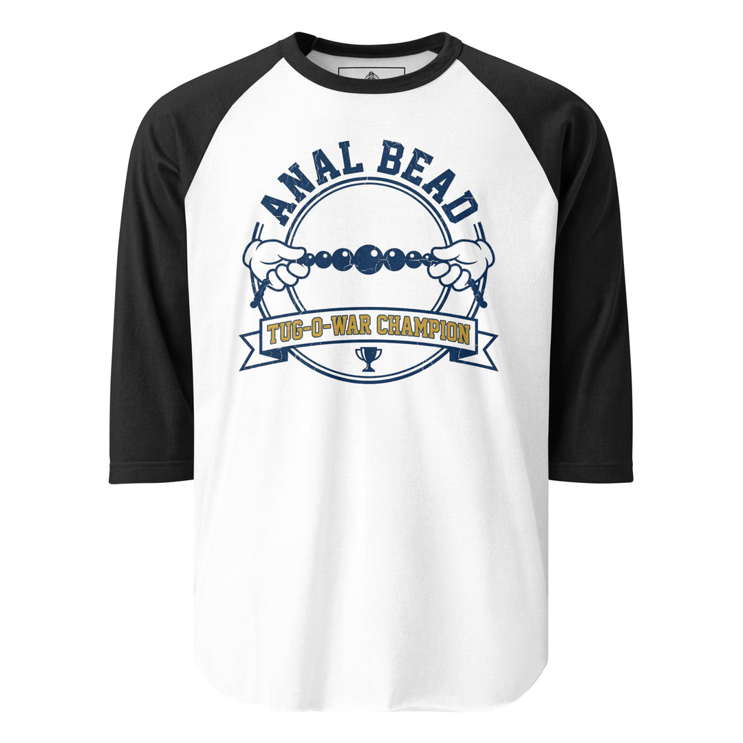 Anal Bead Tug Of War Champion funny adult humor graphic tee — collegiate varsity badge with two cartoon gloved hands pulling a bead string and trophy banner, navy and gold on white