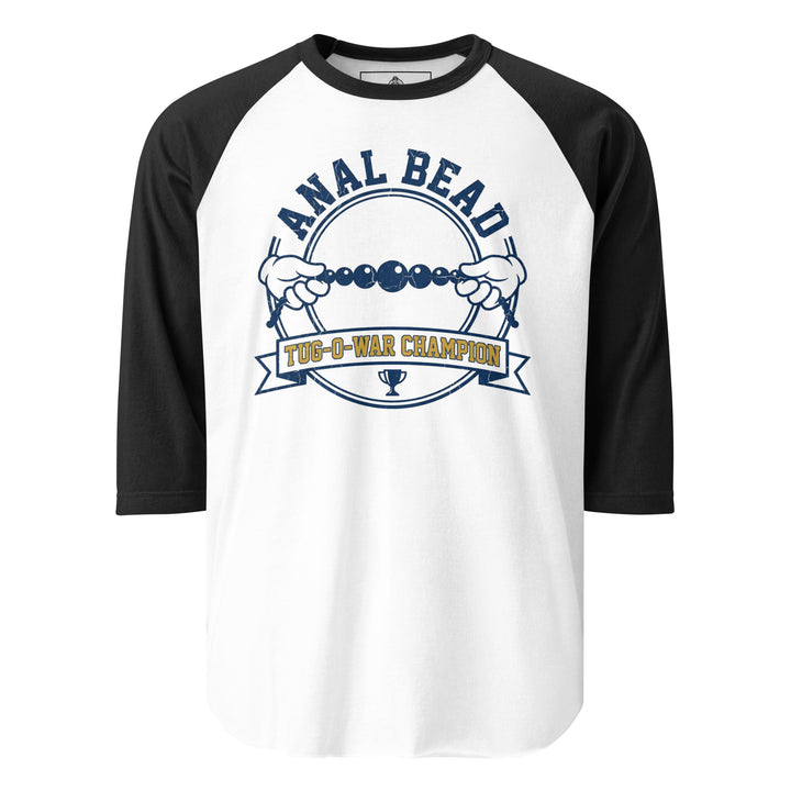 Anal Bead Tug Of War Champion funny adult humor graphic tee — collegiate varsity badge with two cartoon gloved hands pulling a bead string and trophy banner, navy and gold on white