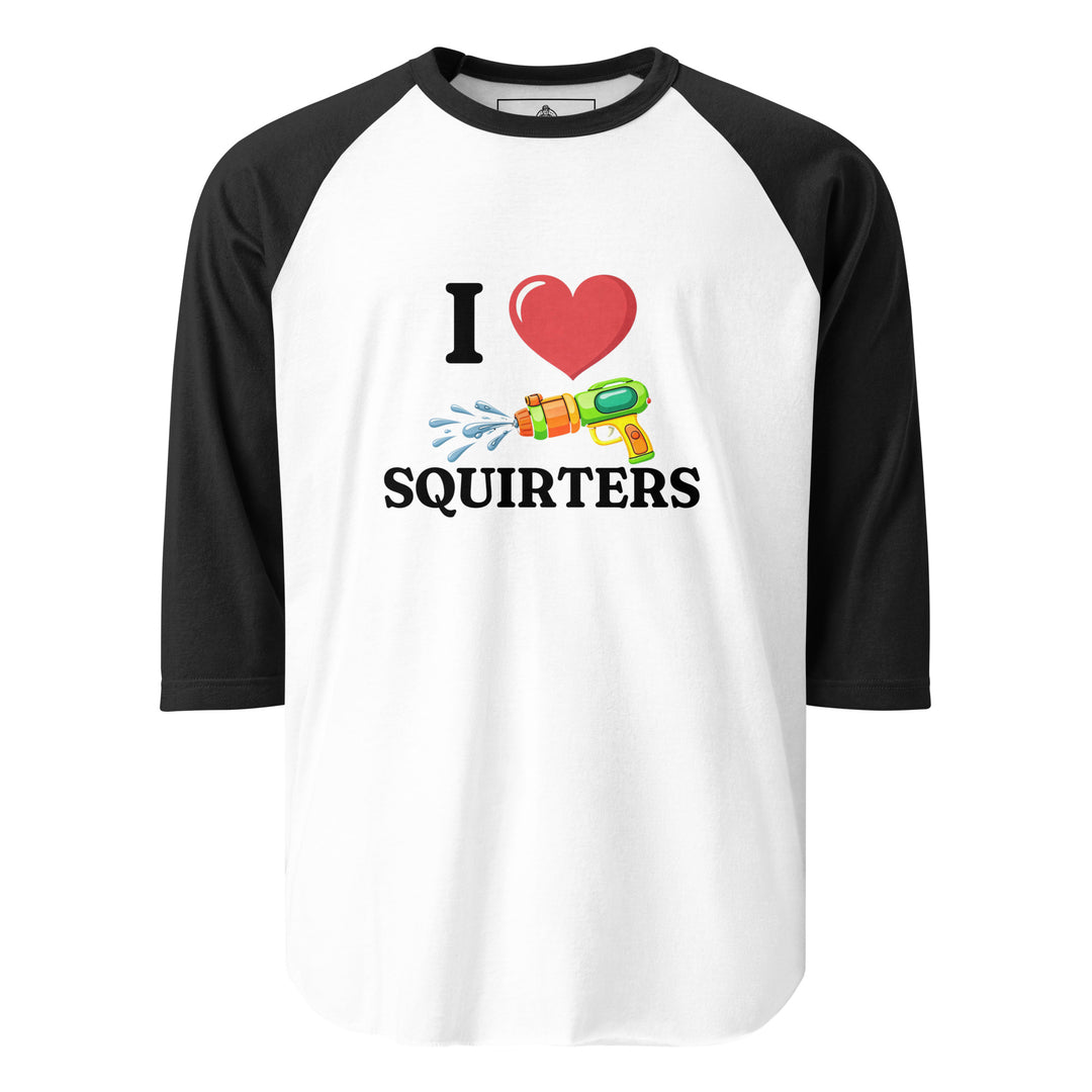 I Heart Squirters — an I Heart Squirters design with a colorful squirt gun, printed on a 3/4 sleeve raglan shirt.