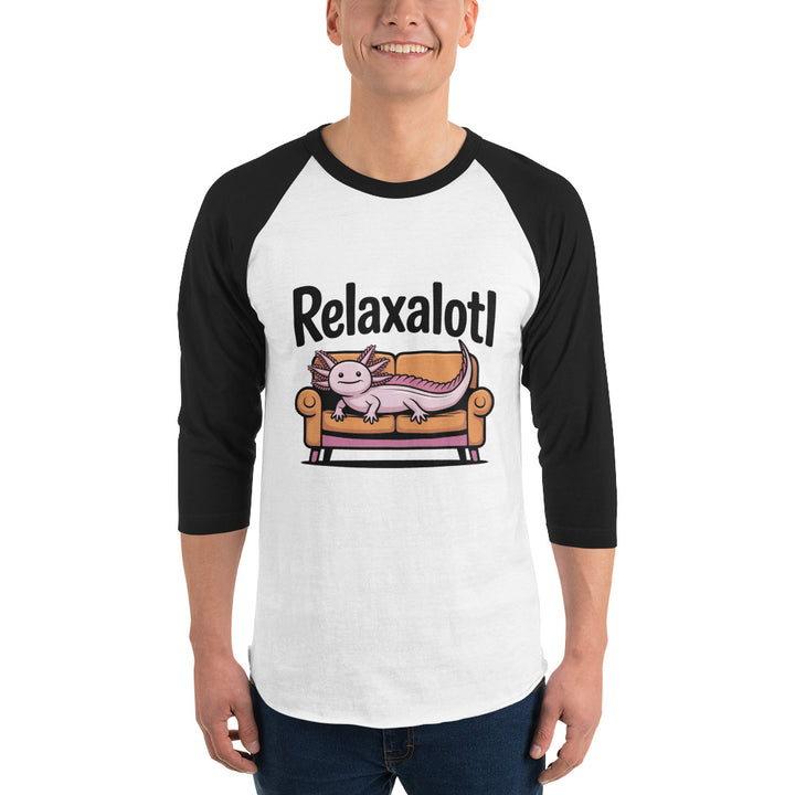 Relaxalotl — a pink axolotl lounging on a couch, captioned Relaxalotl, printed on a 3/4 sleeve raglan shirt.