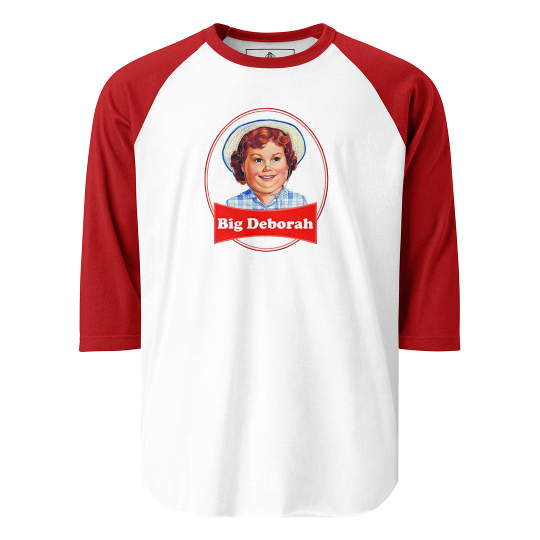 Big Deborah — a Little Debbie style snack-cake logo with a smiling girl in a straw hat, renamed Big Deborah, printed on a 3/4 sleeve raglan shirt.
