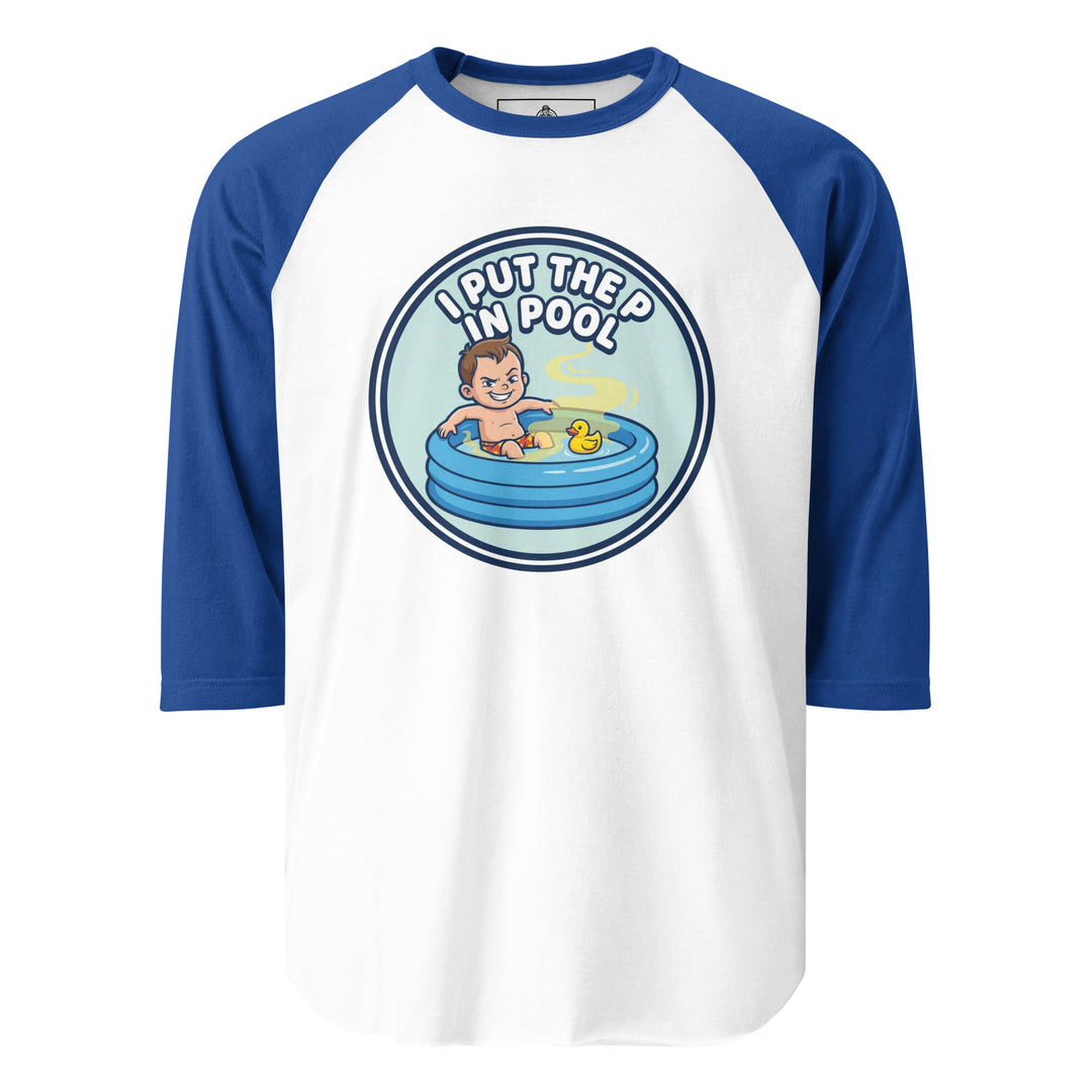 I Put The P In Pool funny summer graphic tee — smirking cartoon kid in inflatable kiddie pool with rubber duck and suspicious yellow swirl