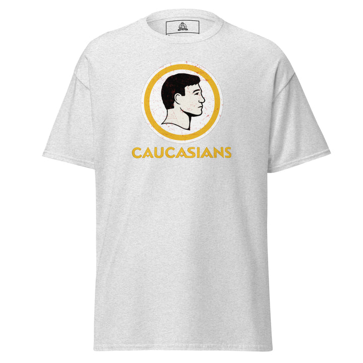 Caucasians Logo Parody Funny Graphic T-Shirt – Ash Grey – Front View