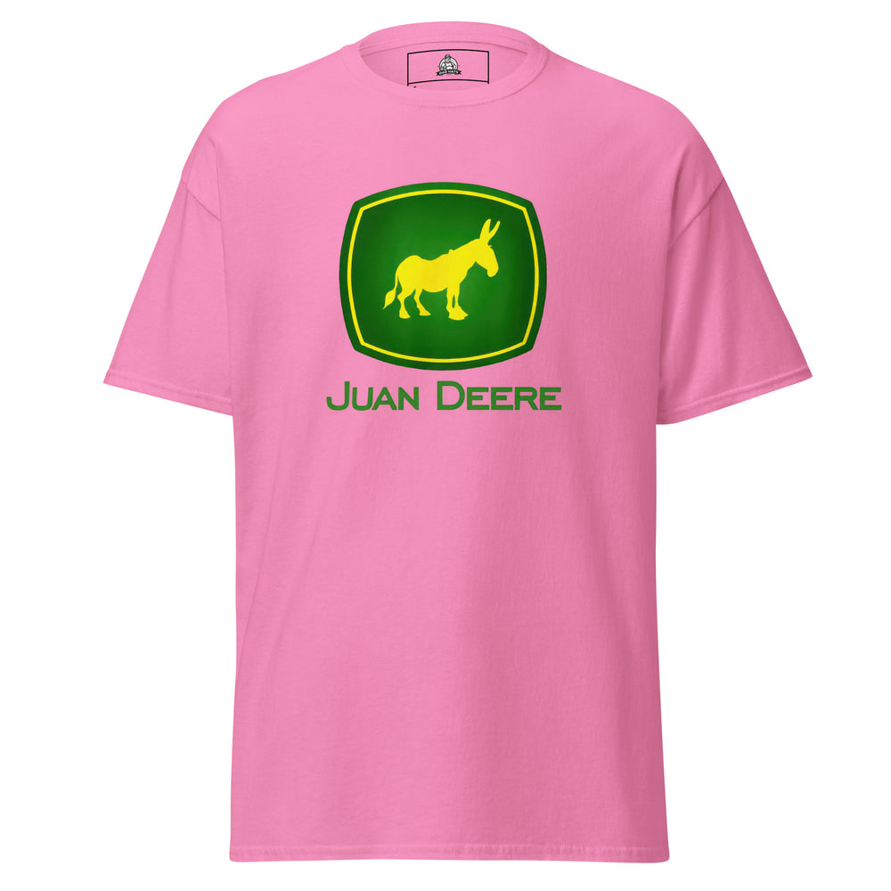 Juan Deere — a John Deere logo parody with a yellow donkey in place of the deer, reading Juan Deere, printed on a unisex graphic tee.