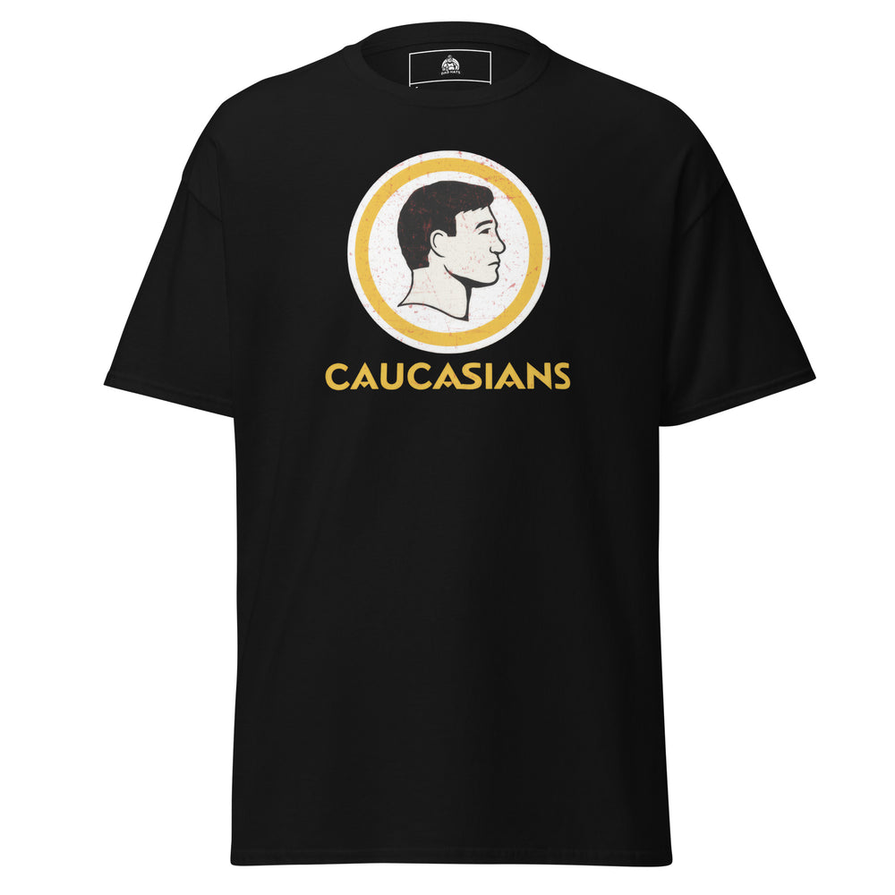 Caucasians Logo Parody Funny Graphic T-Shirt – Black – Front View