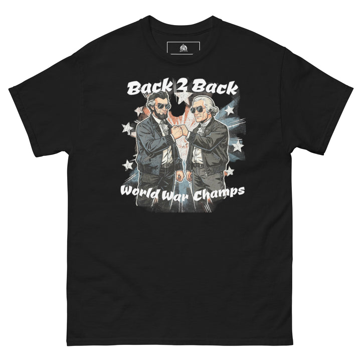 Back 2 Back World War Champs Patriotic Funny Graphic T-Shirt – Black – Front View