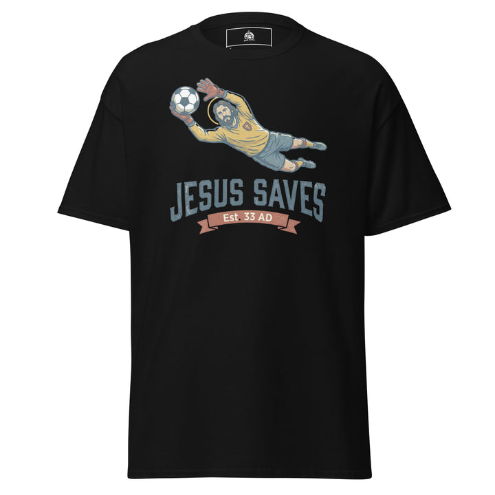 Jesus Saves Soccer Unisex Graphic Funny Graphic T-Shirt – Black – Front View