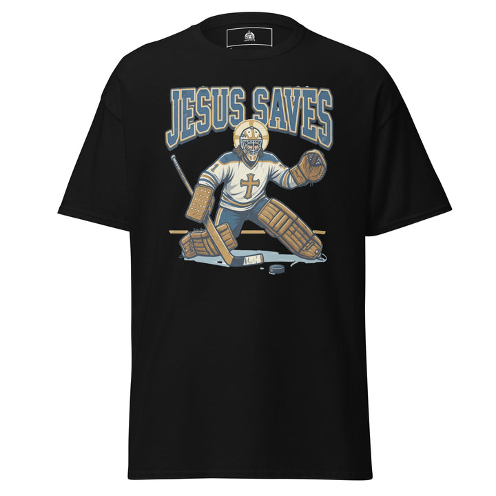 Jesus Saves Hockey Unisex Graphic Funny Graphic T-Shirt – Black – Front View