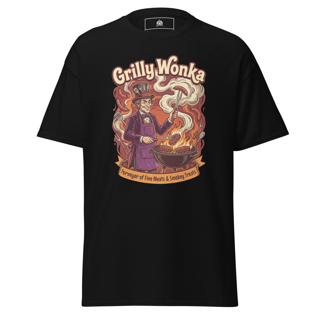 Grilly Wonka funny BBQ graphic tee — Willy Wonka-inspired character in purple top hat holding sausage over open flames, Purveyor of Fine Meats and Smokey Treats banner