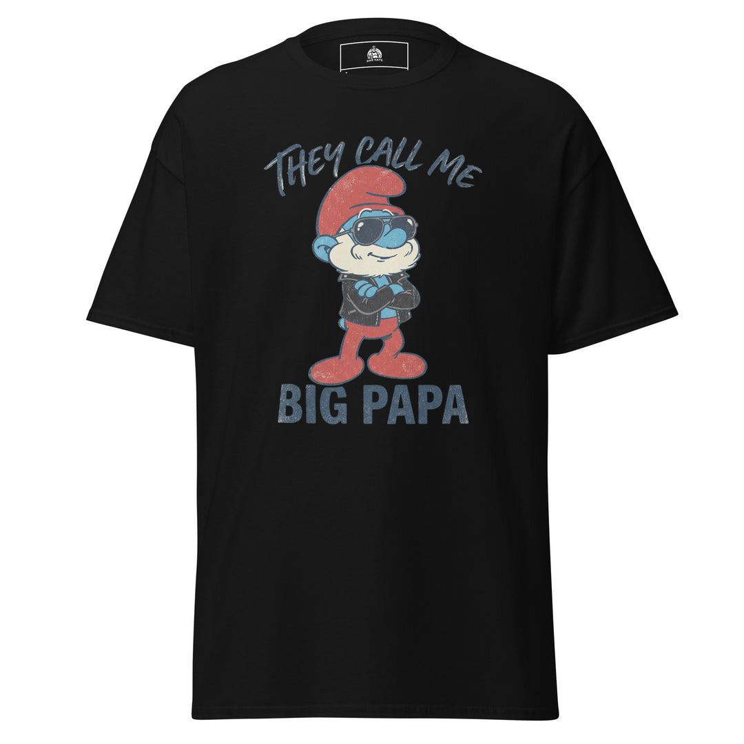 They Call Me Big Papa funny graphic tee — blue cartoon papa character in red hat, leather jacket and aviator sunglasses with BIG PAPA text