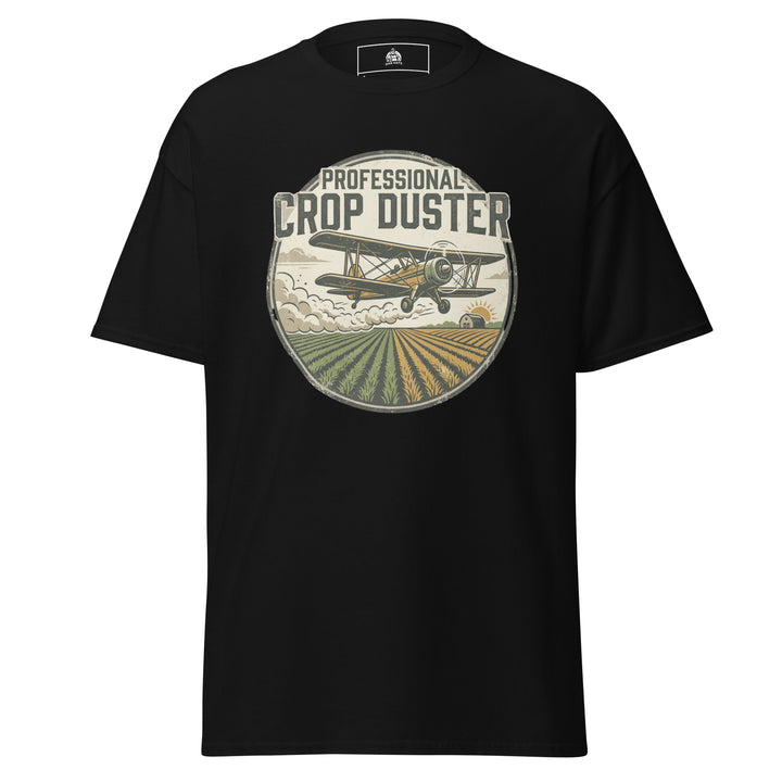 Professional Crop Duster funny graphic tee — vintage badge with biplane dusting crops over farm fields at sunrise