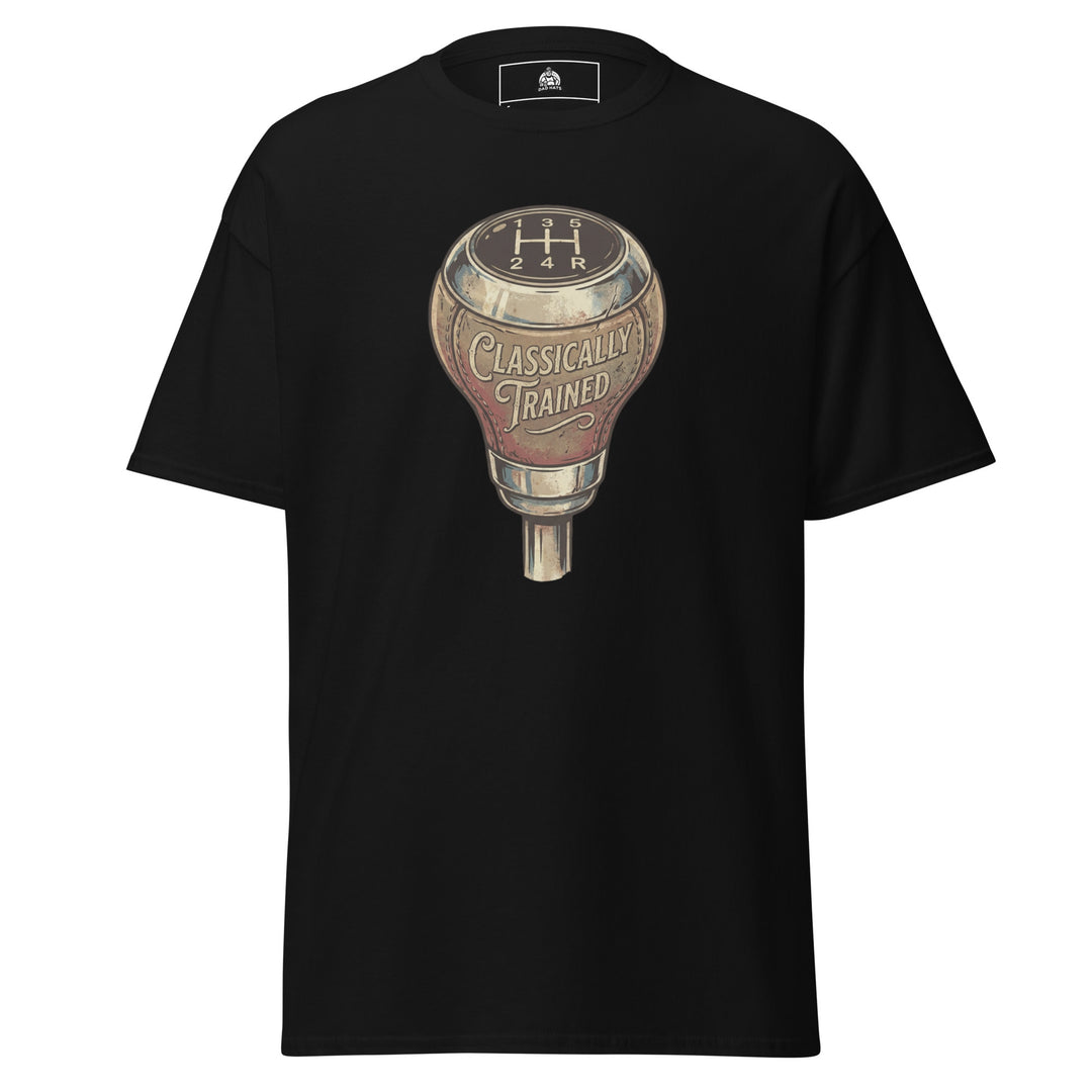 Classically Trained funny manual transmission graphic tee — vintage leather 5-speed gear shift knob with H-pattern shifter diagram