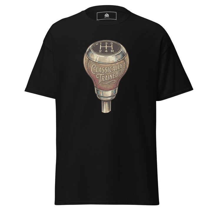 Classically Trained funny manual transmission graphic tee — vintage leather 5-speed gear shift knob with H-pattern shifter diagram