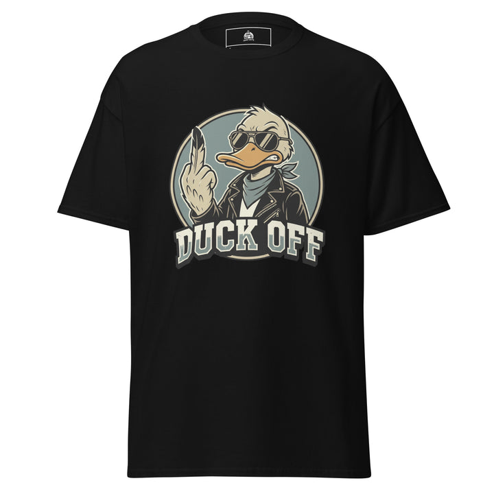 Duck Off funny pun graphic tee — duck in aviator sunglasses and leather jacket raising a middle feather