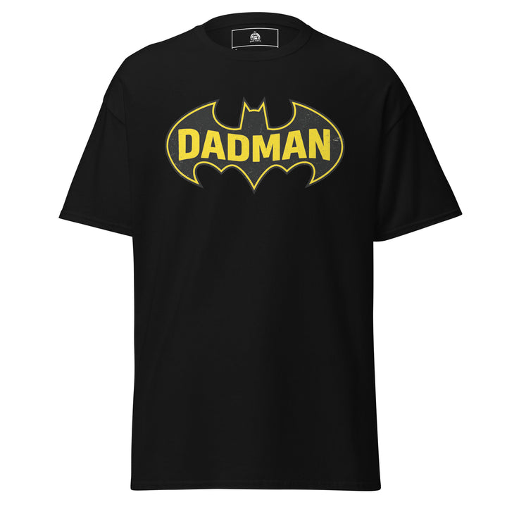 Dadman funny dad superhero graphic tee — yellow and black bat symbol parody with bold DADMAN text