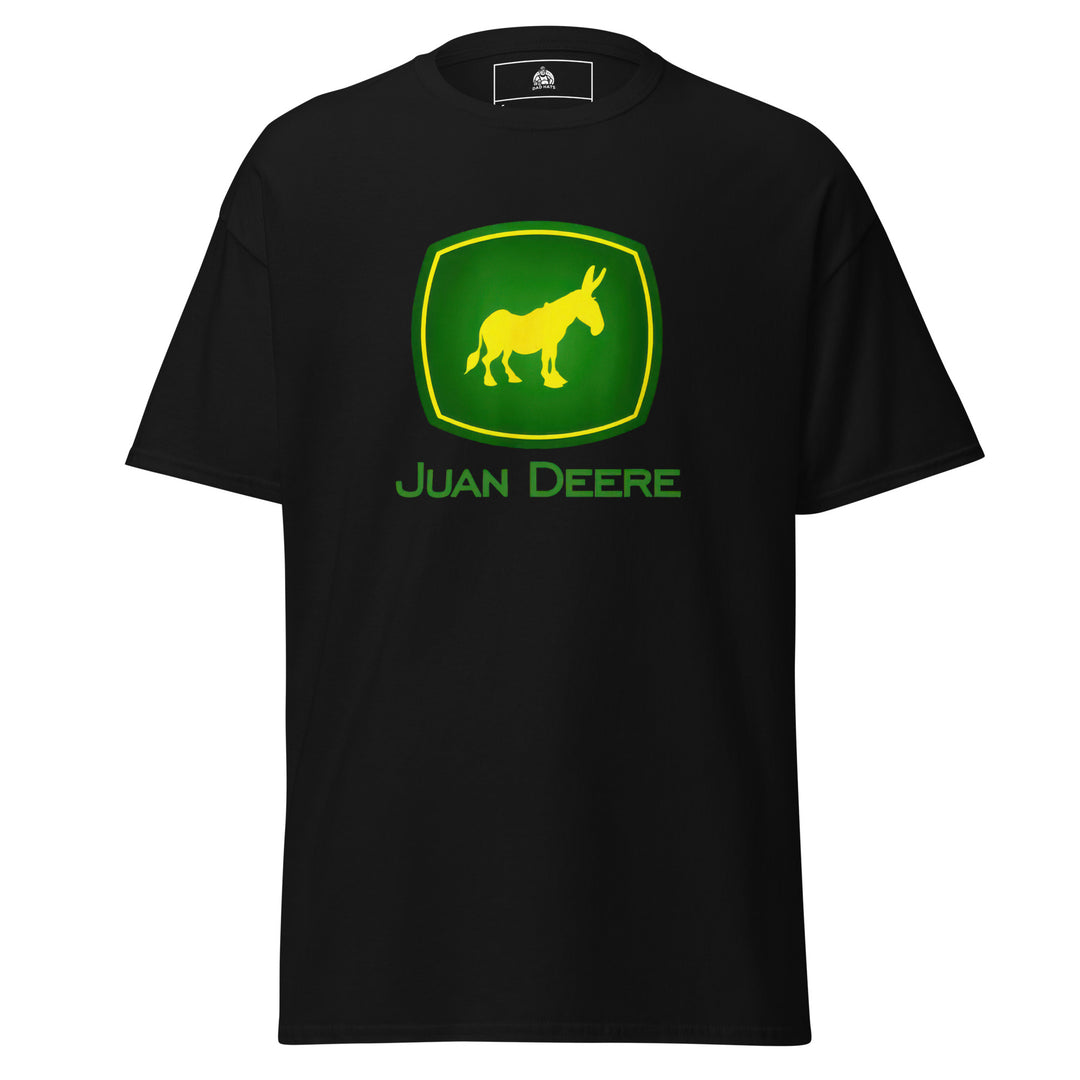 Juan Deere — a John Deere logo parody with a yellow donkey in place of the deer, reading Juan Deere, printed on a unisex graphic tee.