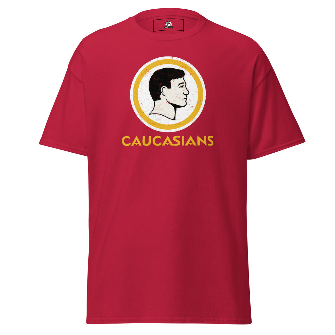 Caucasians Logo Parody Funny Graphic T-Shirt – Cardinal Red – Front View