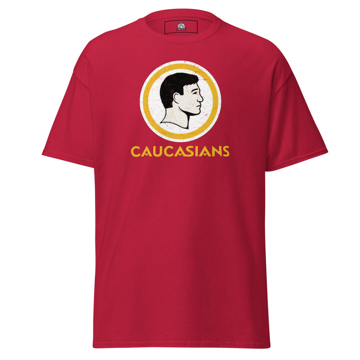 Caucasians Logo Parody Funny Graphic T-Shirt – Cardinal Red – Front View