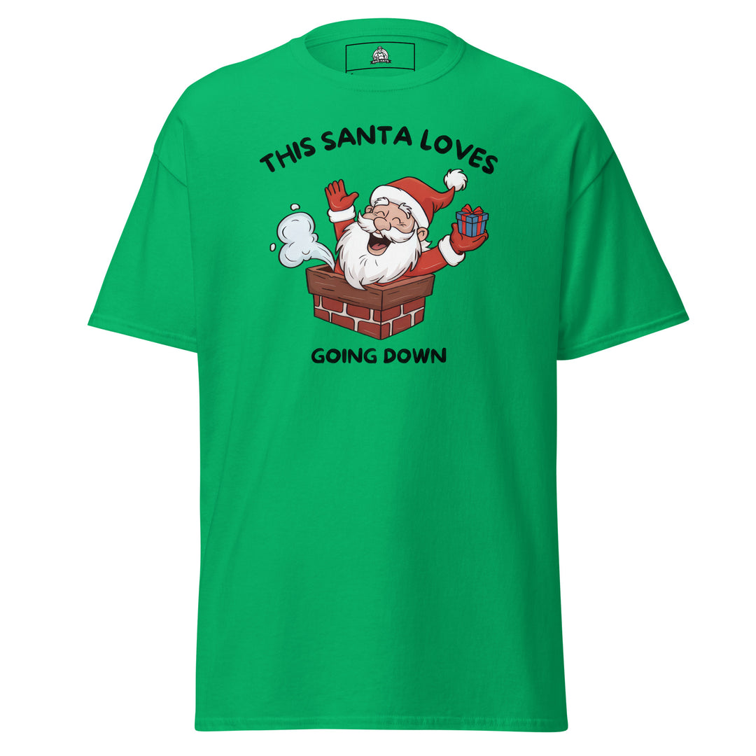 This Santa Loves Going Down Funny Christmas… Funny Graphic T-Shirt – Irish Green – Front View