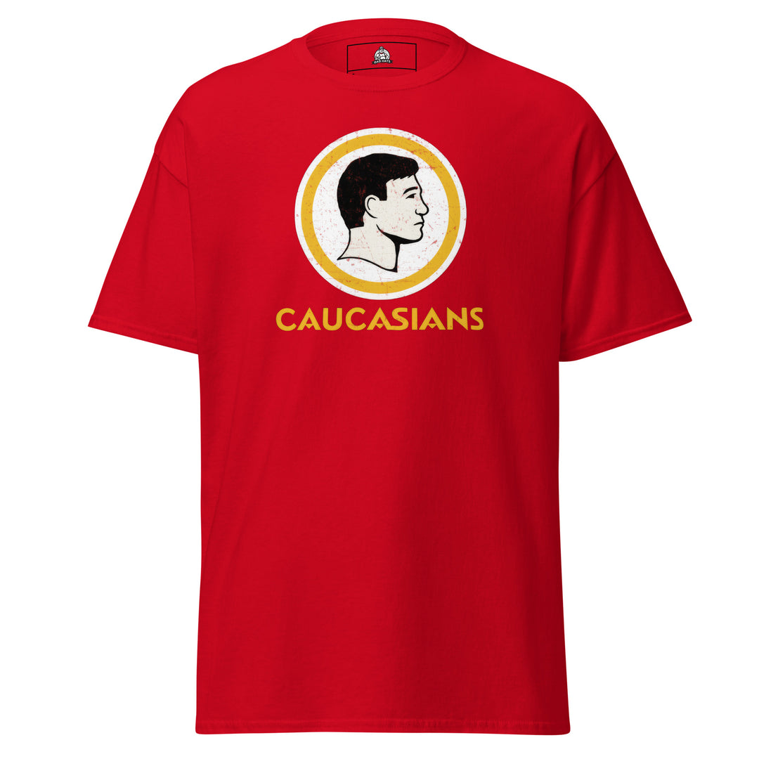 Caucasians Logo Parody Funny Graphic T-Shirt – Red – Front View