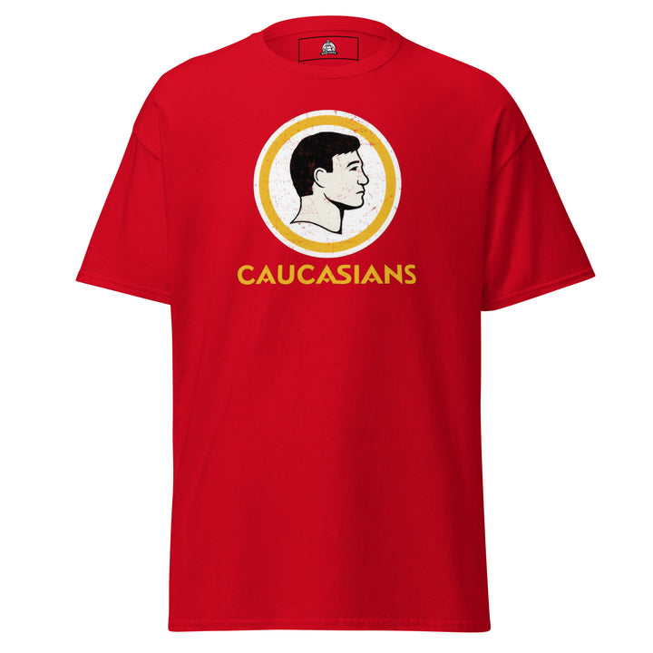 Caucasians Logo Parody Funny Graphic T-Shirt – Red – Front View