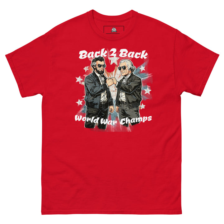 Back 2 Back World War Champs Patriotic Funny Graphic T-Shirt – Red – Front View