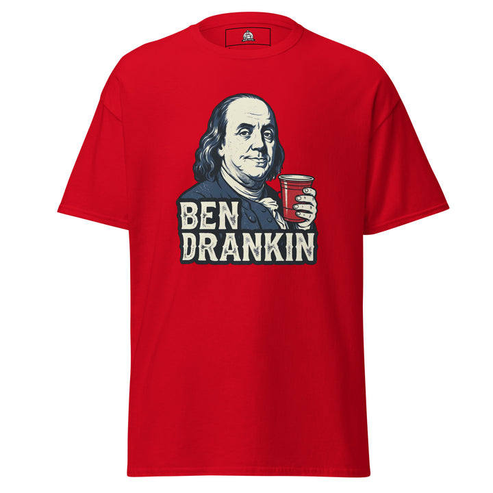 Ben Drankin funny 4th of July drinking graphic tee — Benjamin Franklin portrait holding a red Solo cup with bold BEN DRANKIN text on red tee