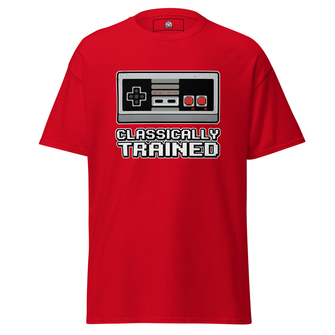 Classically Trained retro gamer graphic tee — 8-bit style NES controller with pixel CLASSICALLY TRAINED text