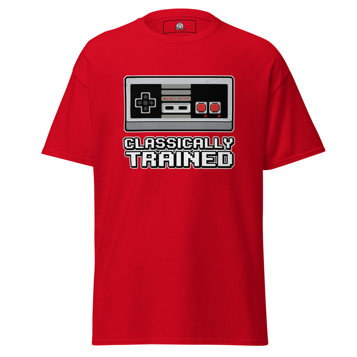Classically Trained retro gamer graphic tee — 8-bit style NES controller with pixel CLASSICALLY TRAINED text