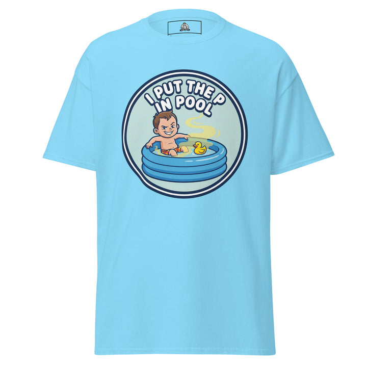 I Put The P In Pool funny summer graphic tee — smirking cartoon kid in inflatable kiddie pool with rubber duck and suspicious yellow swirl