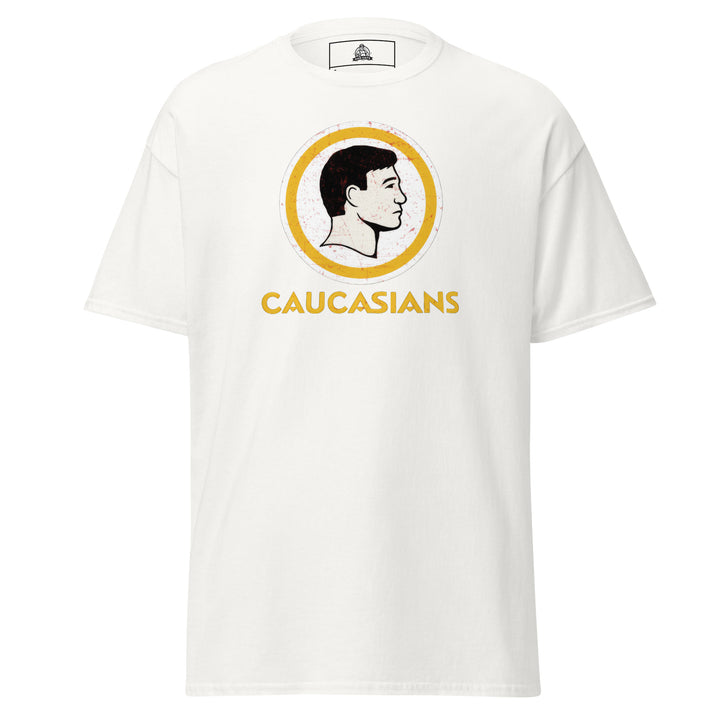 Caucasians Logo Parody Funny Graphic T-Shirt – White – Front View
