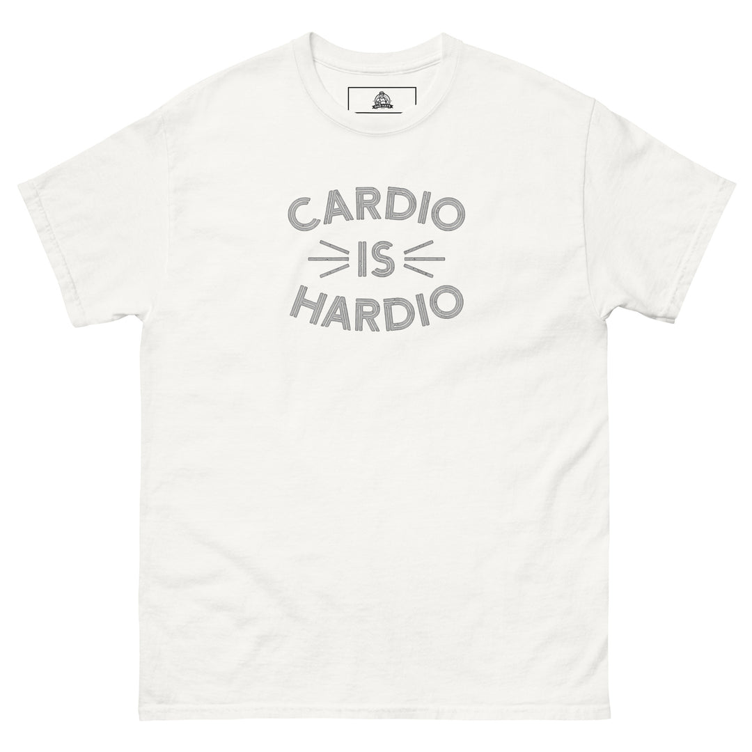 Cardio Is Hardio Funny Graphic Funny Graphic T-Shirt – White – Front View