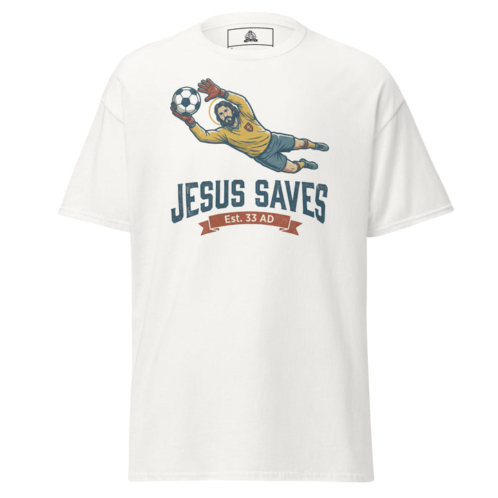 Jesus Saves Soccer Unisex Graphic Funny Graphic T-Shirt – White – Front View