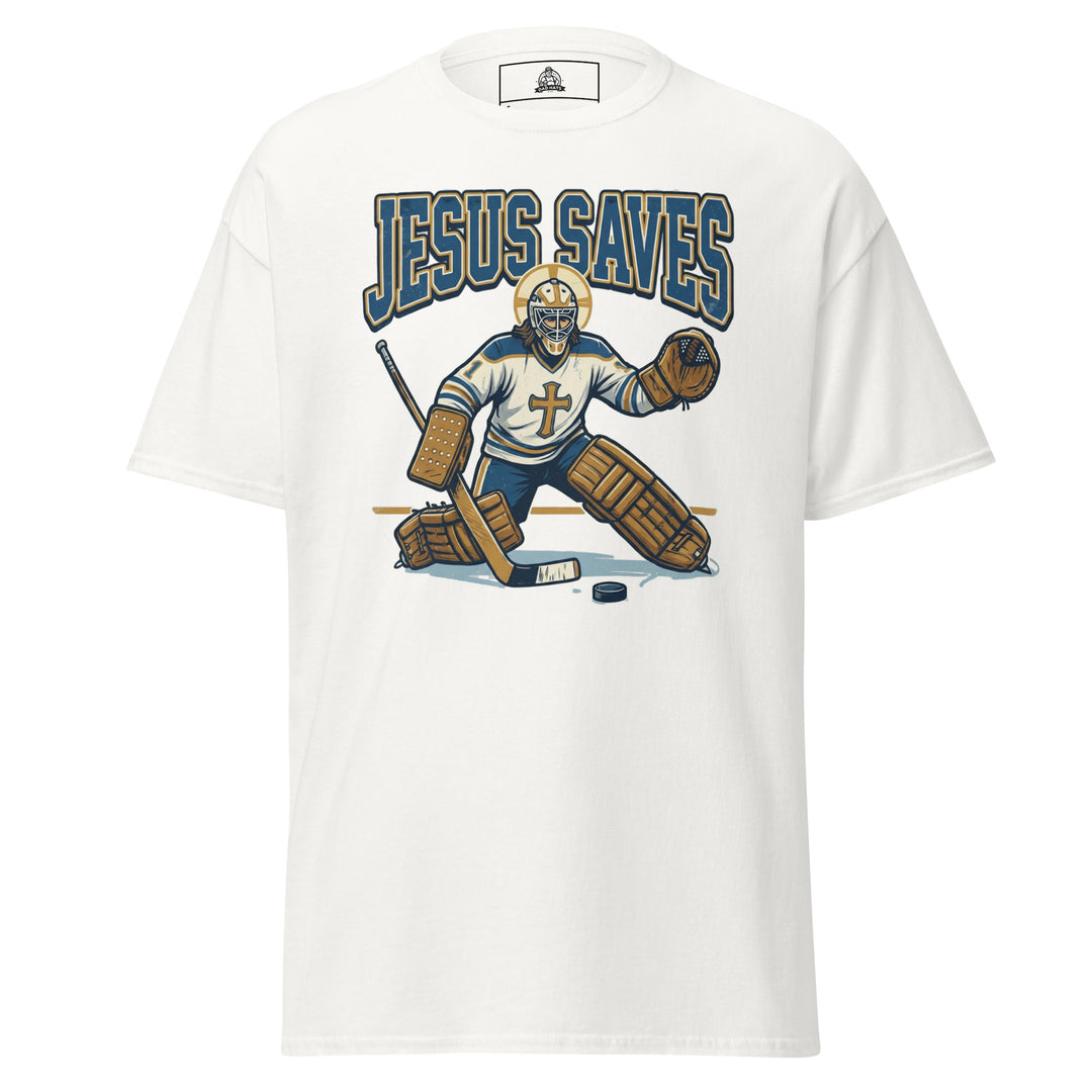 Jesus Saves Hockey Unisex Graphic Funny Graphic T-Shirt – White – Front View