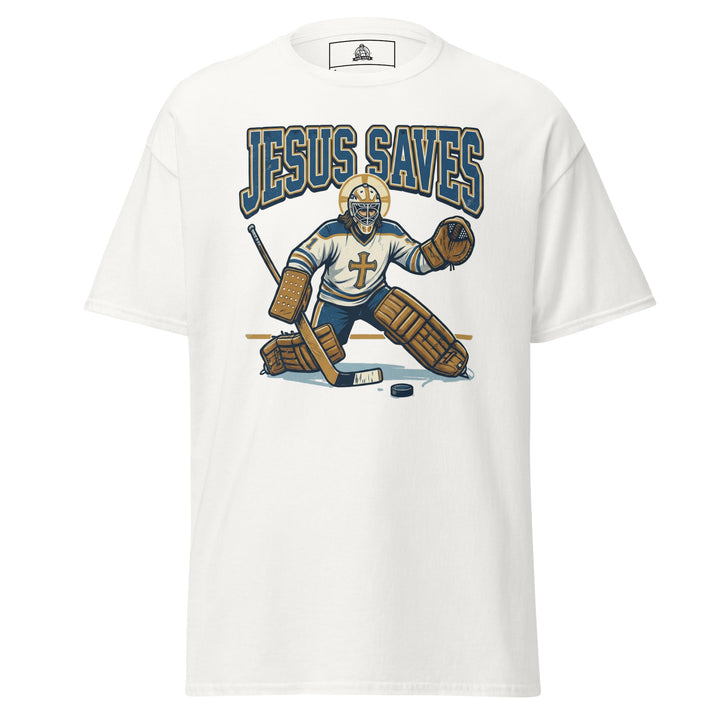 Jesus Saves Hockey Unisex Graphic Funny Graphic T-Shirt – White – Front View