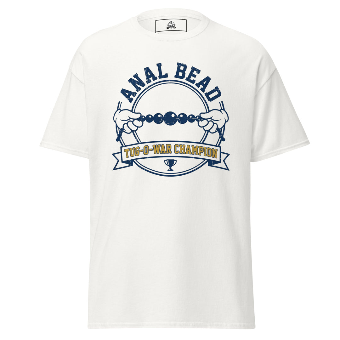 Anal Bead Tug Of War Champion funny adult humor graphic tee — collegiate varsity badge with two cartoon gloved hands pulling a bead string and trophy banner, navy and gold on white