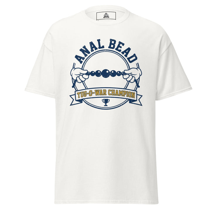 Anal Bead Tug Of War Champion funny adult humor graphic tee — collegiate varsity badge with two cartoon gloved hands pulling a bead string and trophy banner, navy and gold on white