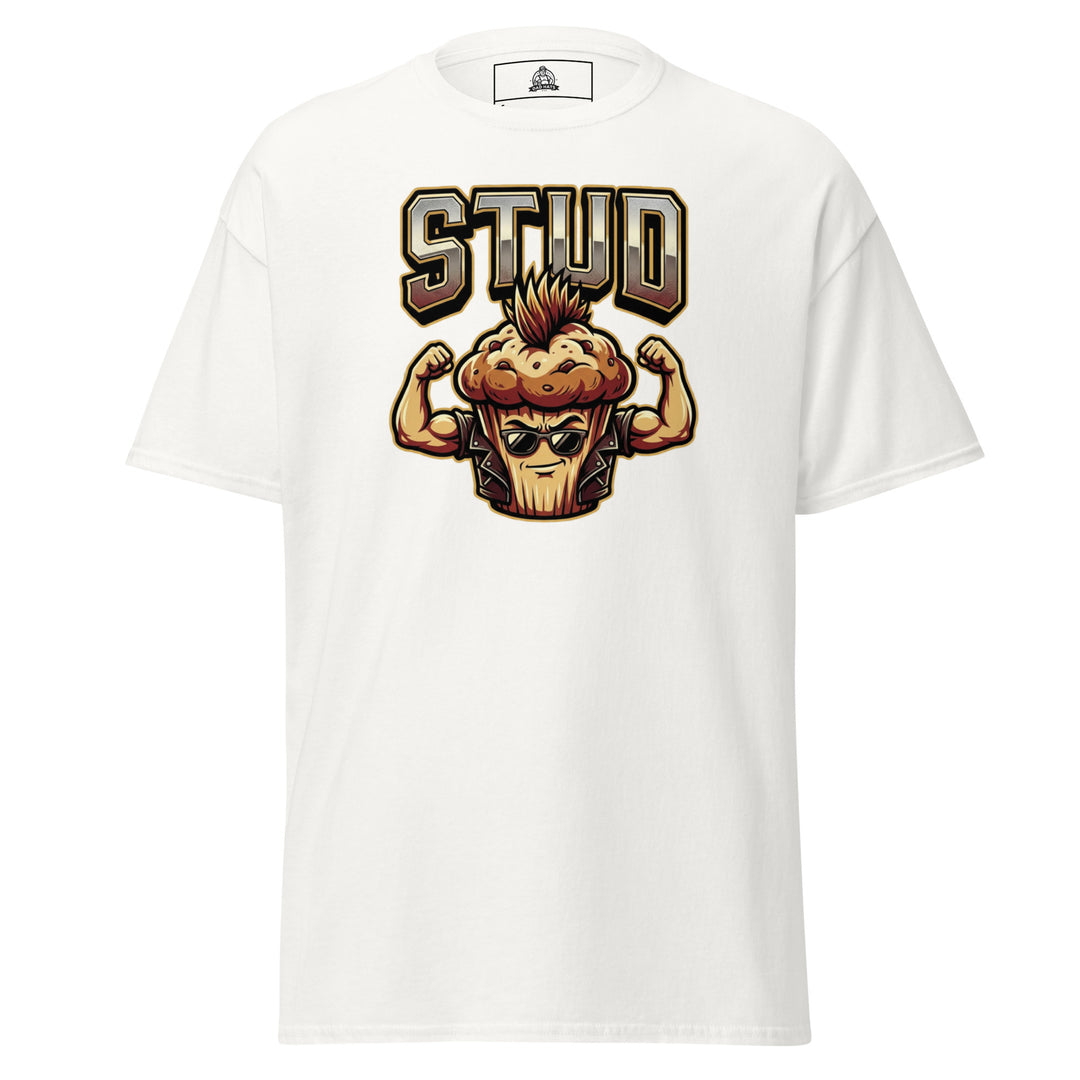 Stud Muffin funny graphic tee — muscular muffin character with mohawk, aviator sunglasses and flexing biceps under large STUD varsity text on white tee