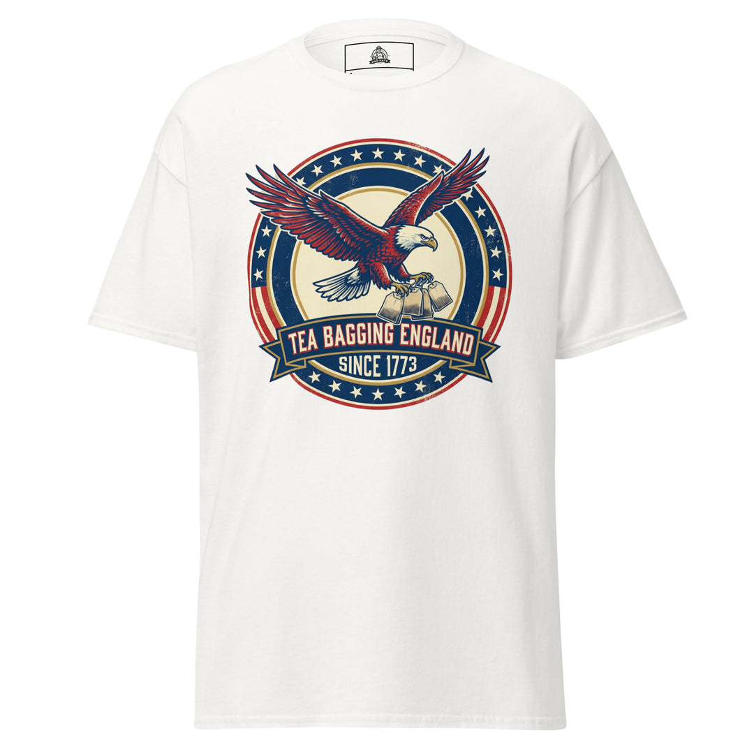 Tea Bagging England Since 1773 funny 4th of July graphic tee — bald eagle carrying tea bags inside patriotic stars and stripes ring