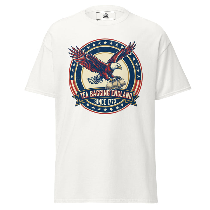 Tea Bagging England Since 1773 funny 4th of July graphic tee — bald eagle carrying tea bags inside patriotic stars and stripes ring